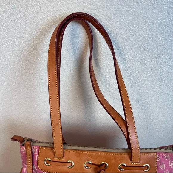 Vintage Dooney & Bourke Pink Monogram Satchel Canvas Tassel Handbag - Picture 3 of 15